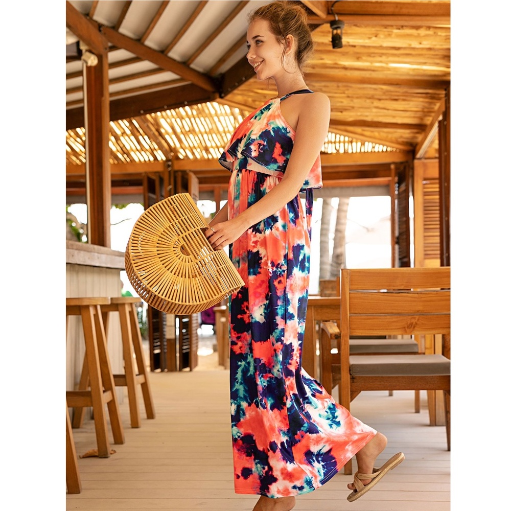 Tie Dye Halter Ruffle Top Maxi Dress Multicolor - Picture 2 of 8